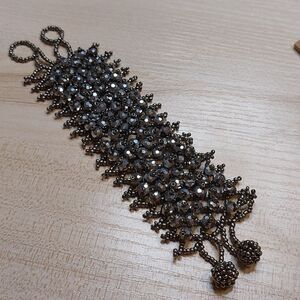 Graphite Colored Faceted Bead and Seed Beads Woven Bracelet